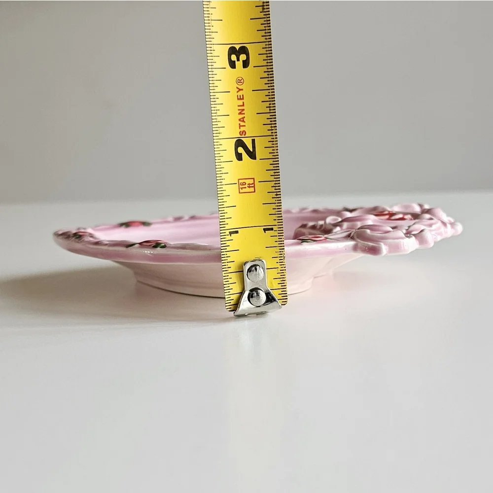 Vintage Pink Ceramic Heart-Shaped Soap Dish Tricket Tray – 3D Rose Accents